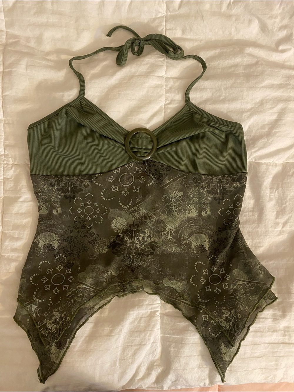 Olive Green Bandeau Halter Top with Ring Accent